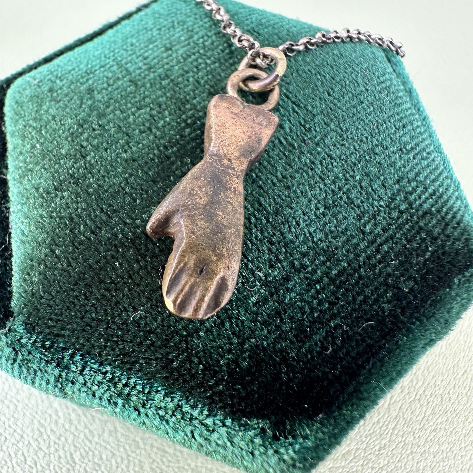 Vintage Hand Glove Necklace Sterling Silver Chain 19” Bronze Charm Mixed Metal