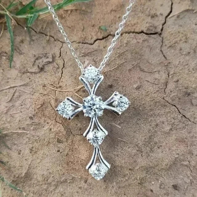 2.20Ct Round Cut Real Moissanite Women’s Cross Pendant 14K White Gold Plated