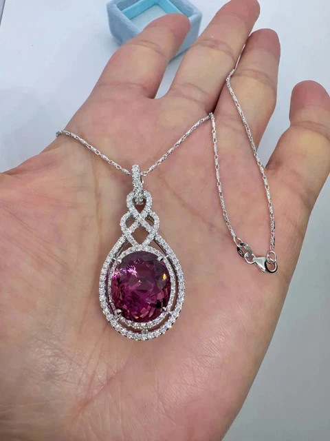 3.00Ct Oval Cut Lab Created Pink Tourmaline Halo Pendant 14K White Gold Plated