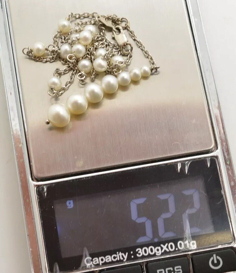 Pearl Sterling Silver Strand Necklace Chain w/ Graduated Pearl Pendant Dangle