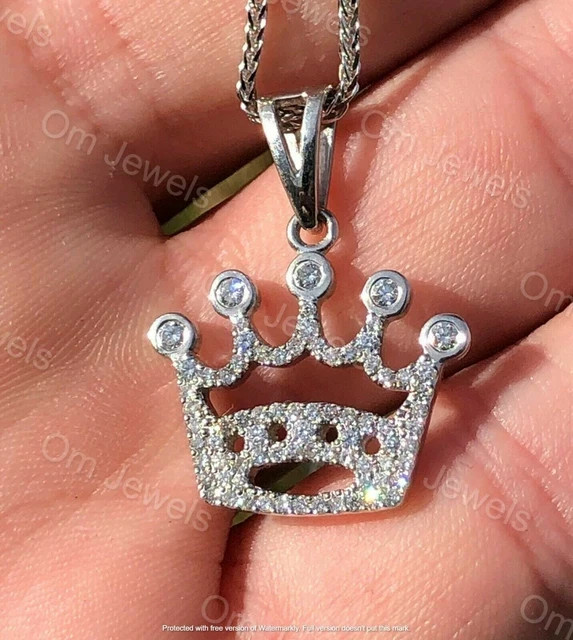 1.00Ct Lab Created Diamond Crown Pendant 14K White Gold Plated Free Chain