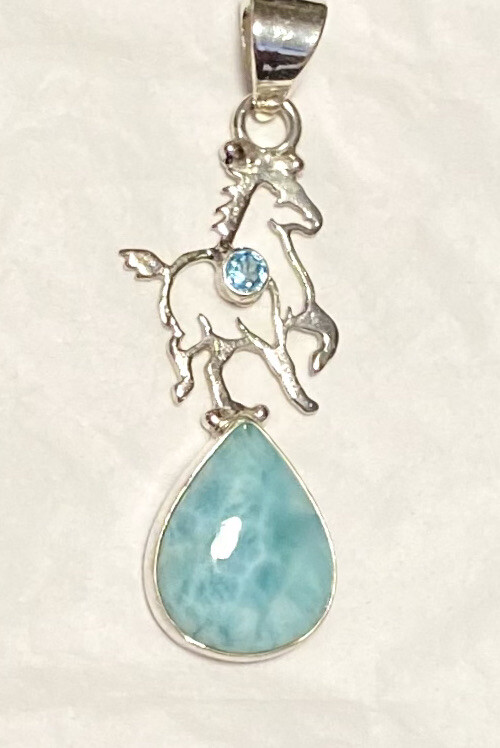 Lovely Larimar & Blue Topaz Horse Pendant 2” 925 Sterling Silver🌹