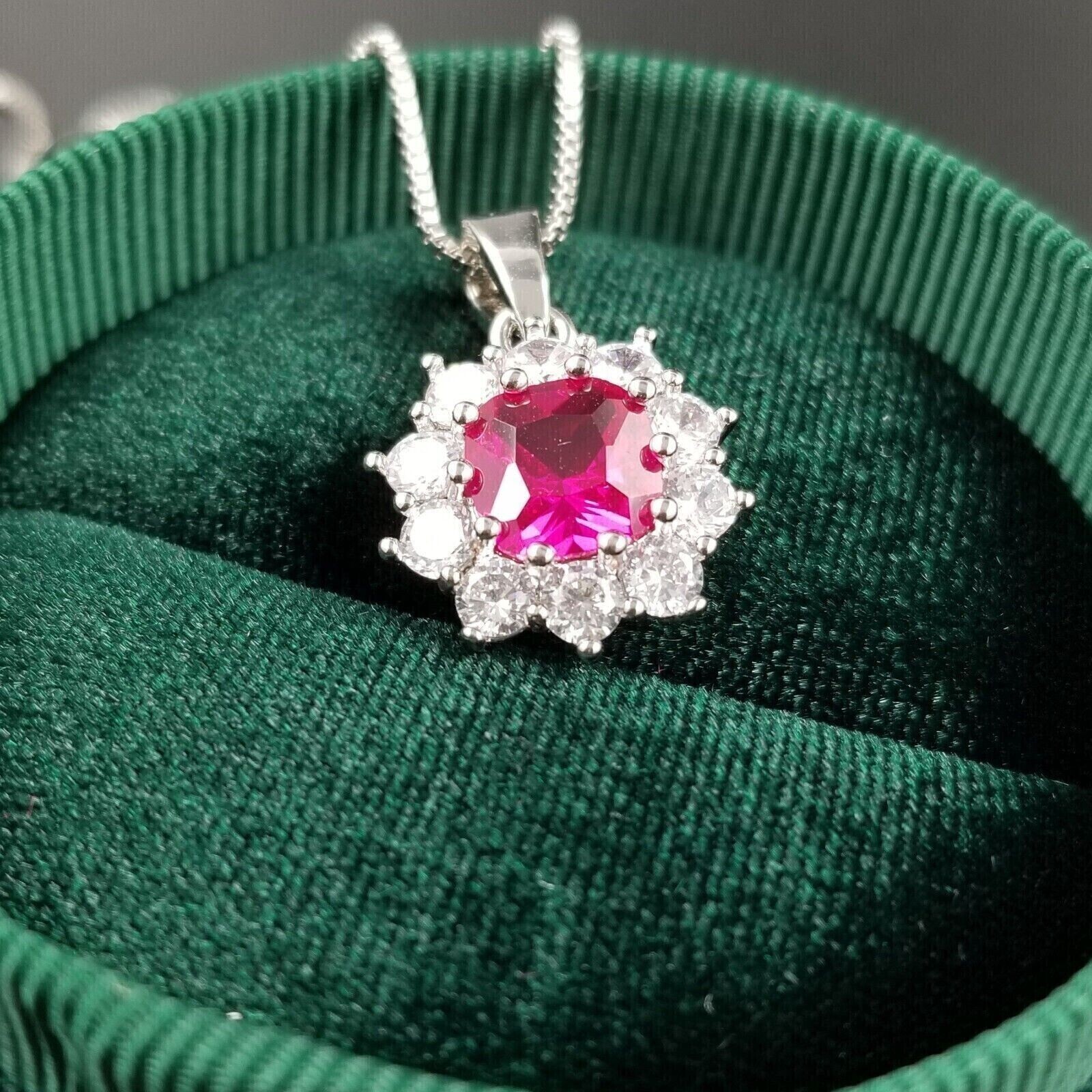 Delicate 2.60Ct Cushion Lab-Created Pink Ruby Halo Pendant 14k White Gold Plated