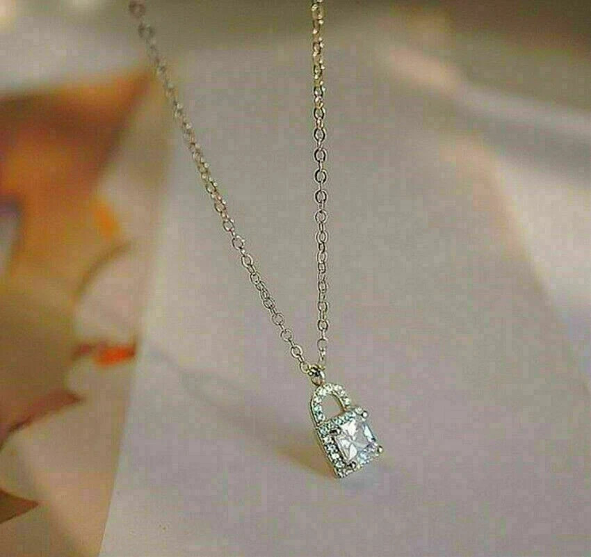 1CT Lab Created Diamond Crystal Lock Pendant Necklace 14K White Gold Finish