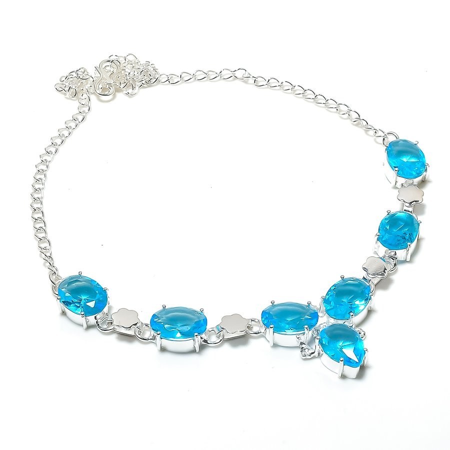 Swiss Blue Topaz Gemstone Handmade 925 Sterling Silver Jewelry Necklace Size 18″