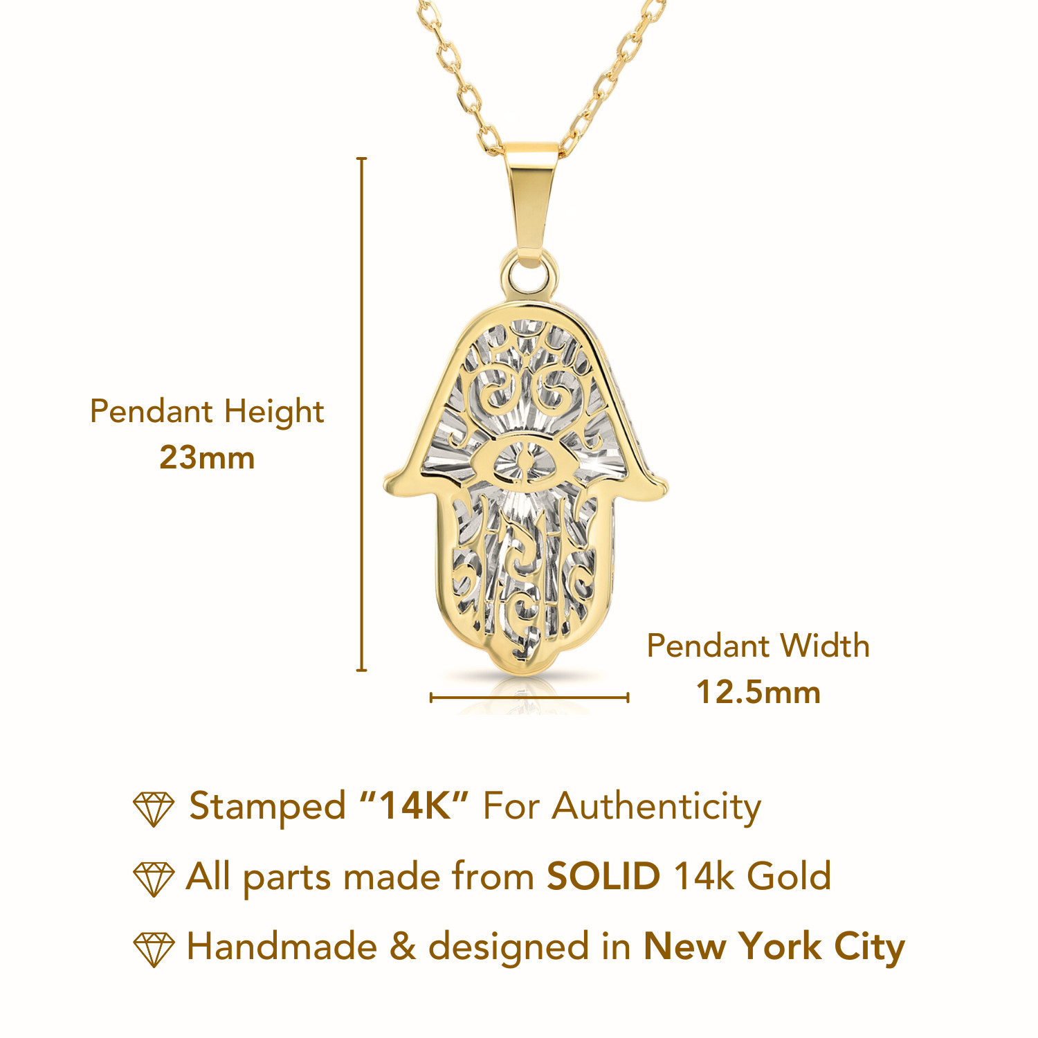 14K Real Solid Two-Tone Gold Hamsa Hand of Fatima Pendant Charm Necklace 18 in