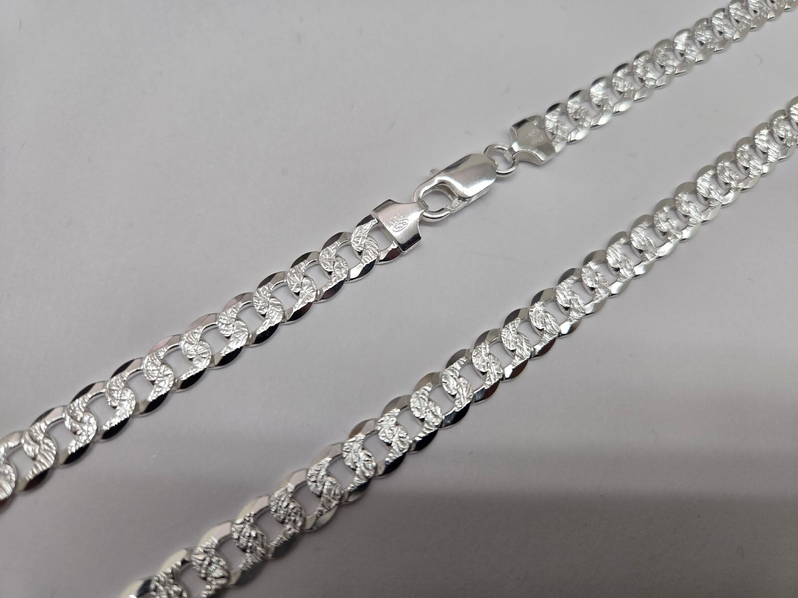 925 Sterling Silver Pave Diamond Cut Beveled Flat Curb Cuban Link Chain 8mm