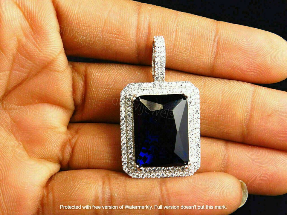 3Ct Emerald Cut Blue Sapphire Halo Pendant 14K White Gold Finish 16” Free Chai