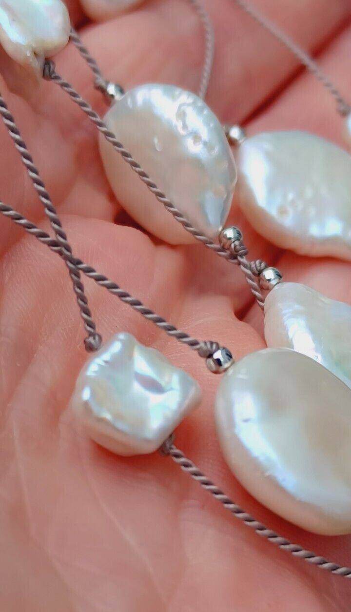925 Sterling Silver Cultured Freshwater Pearl Long Necklace Keshi Pearl #A46