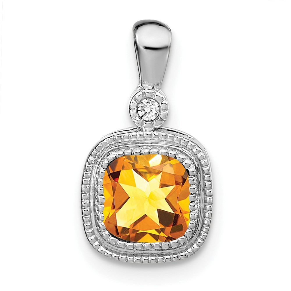 14k White Gold Cushion Citrine and Diamond Pendant 1.24gm L-0.65 Inch