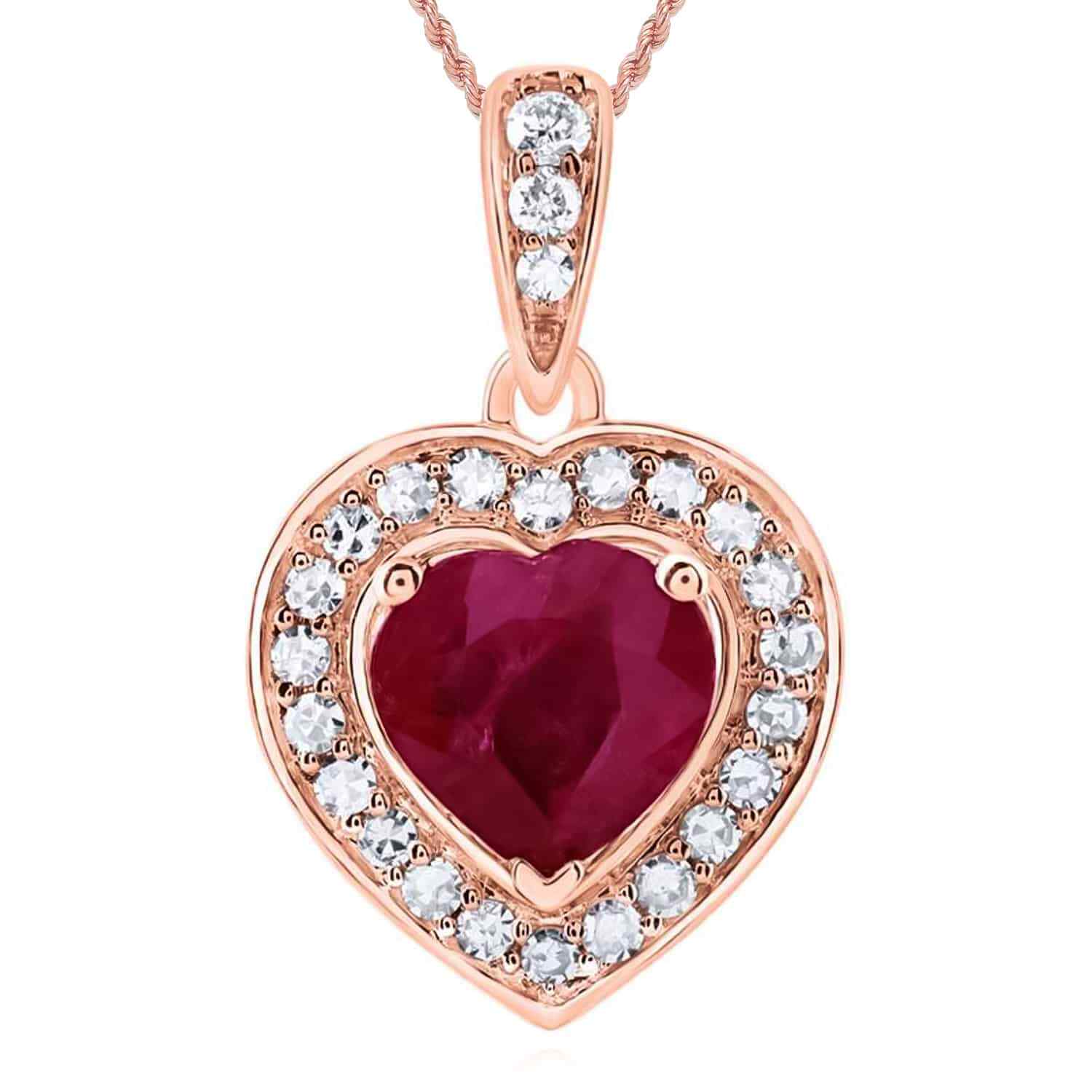 0.62CTW Real Diamond 10K Rose Gold Halo Ruby Heart Pendant 0.5″