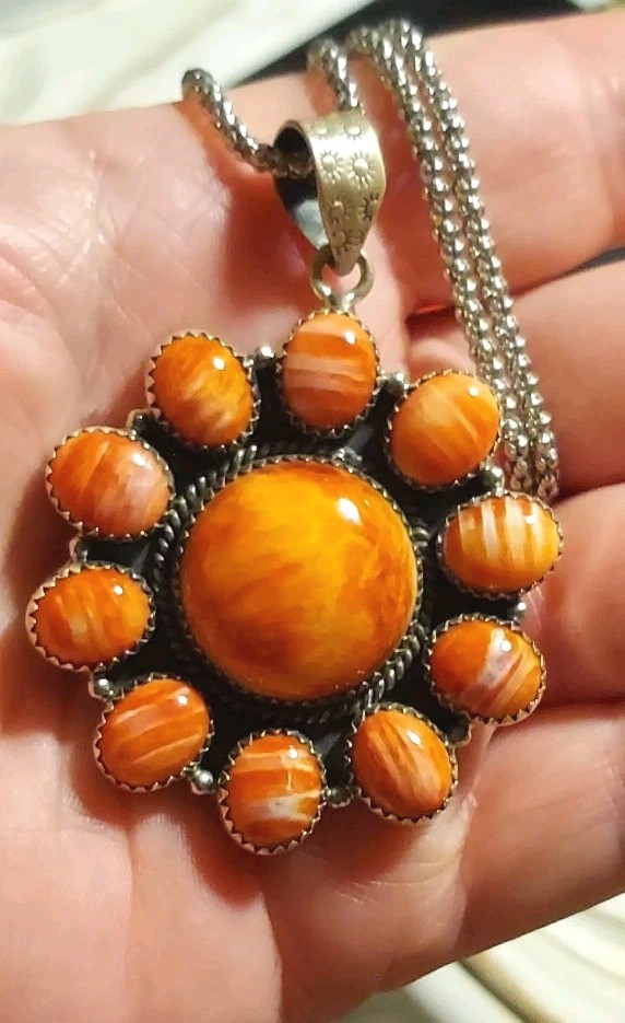 New HUGE Sterling Silver Natural Orange Spiny Cluster Pendant with Chain