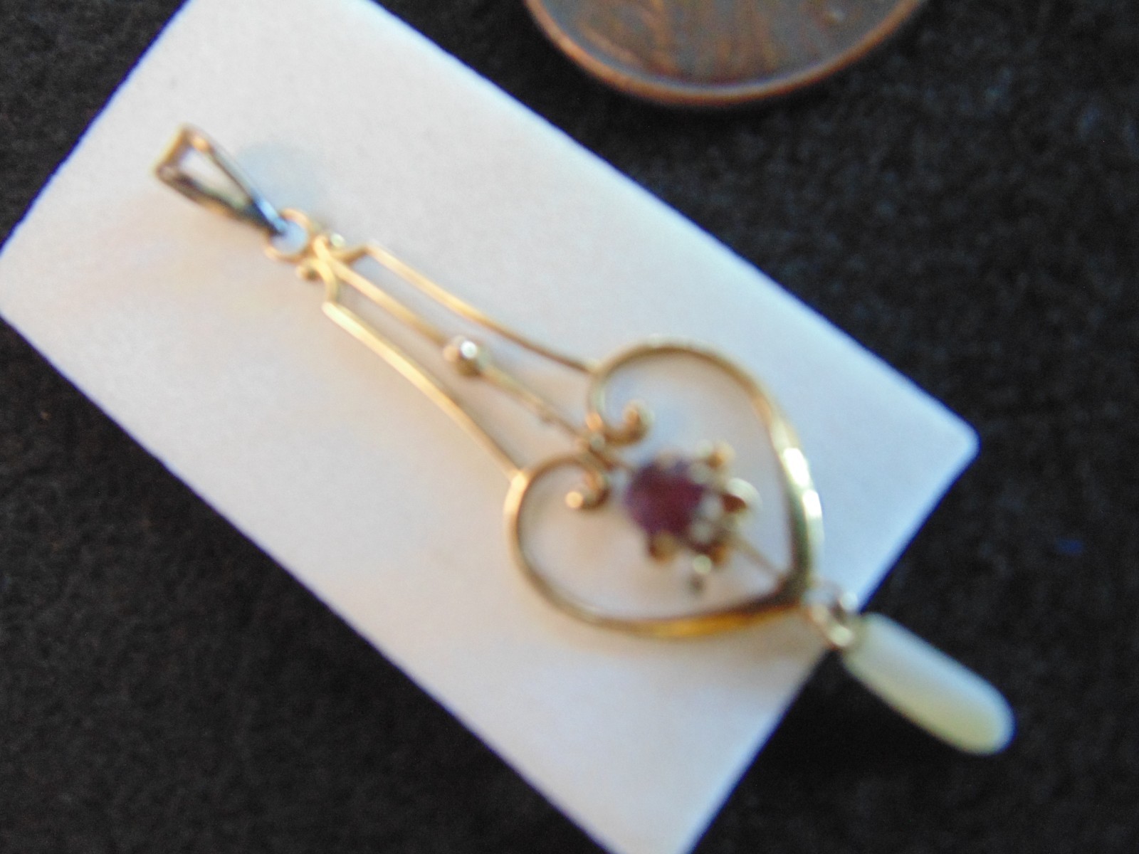 Antique Dainty Heart Lavalier Pendant Yellow Rose Gold Ruby Pearl Dangle
