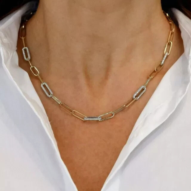 5.00CT Diamond Paper Clip Chain 14K Yellow & White Gold Over Oval Link Necklace