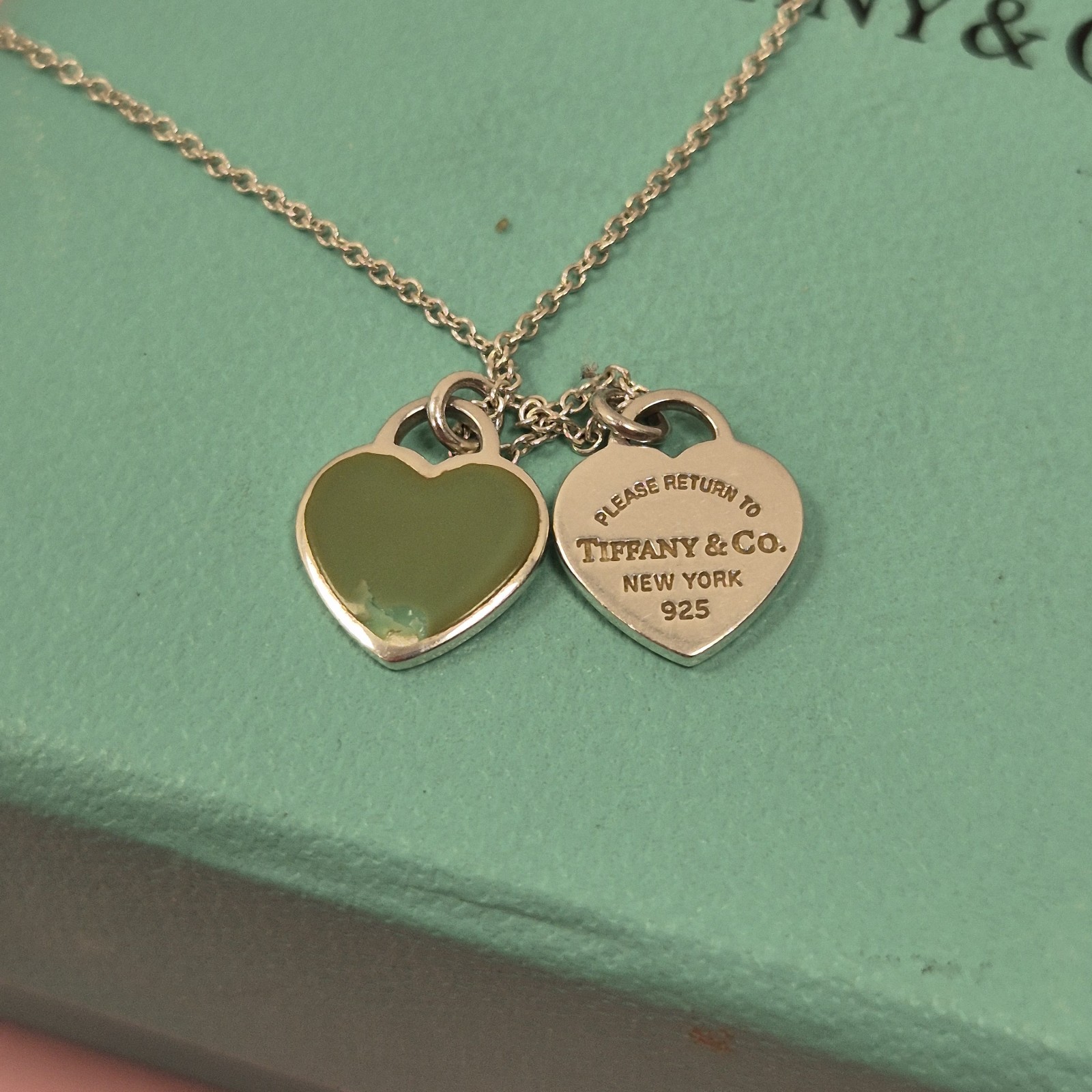 Tiffany & Co Return To Double Mini Green Enamel Heart Silver Necklace Sz 16″#2