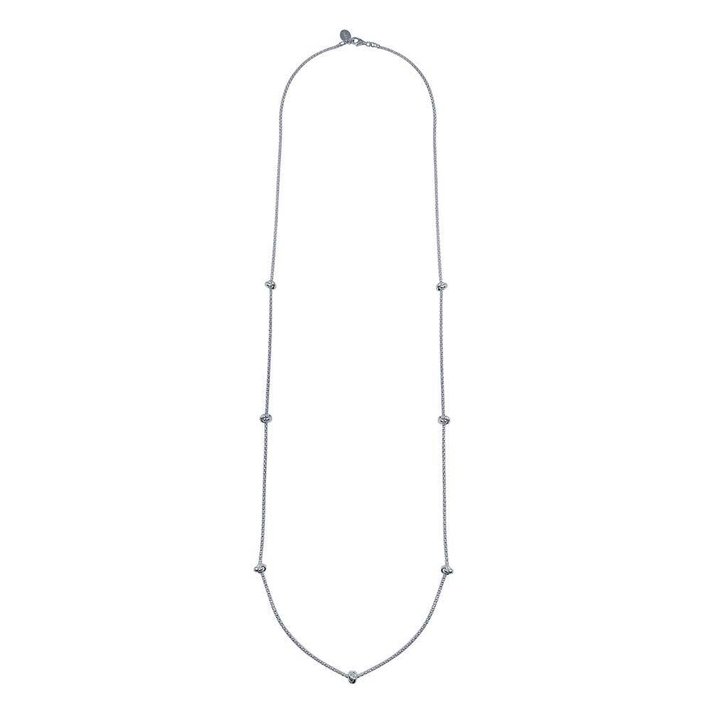 30” LONG 14K WHITE GOLD OVER SILVER CORREANA CHAIN W/ 7 KNOT CHARMS NECKLACE