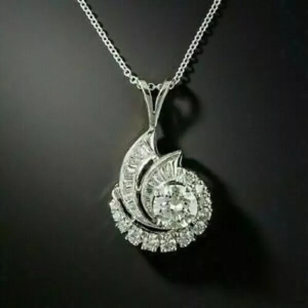2Ct Round Cut VVS1 Diamond Cluster Pendant 14K White Gold Finish Free Chain