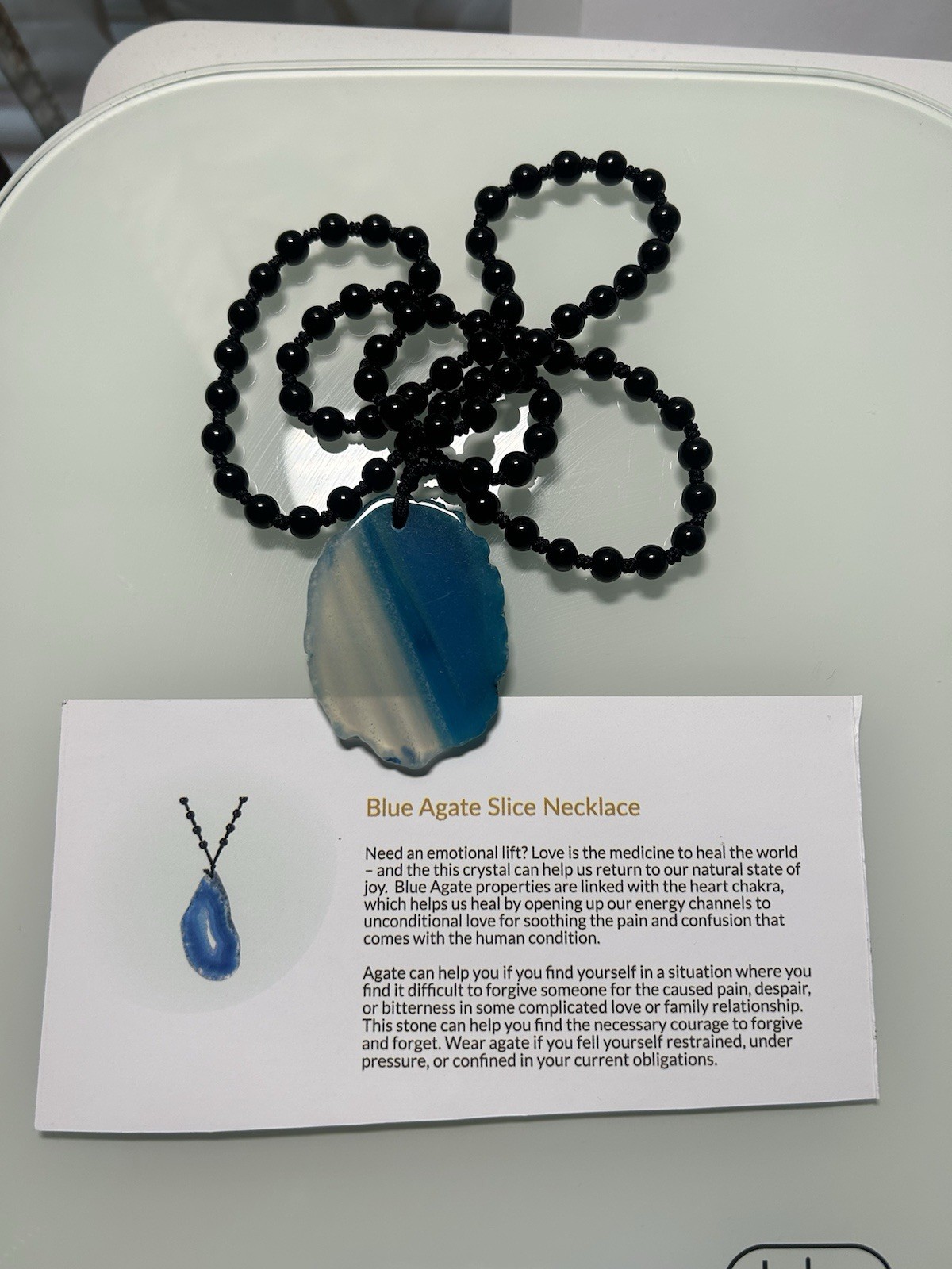 Blue Agate Slice Pendant Necklace Knotted Beaded 30, Asymmetrical Stone