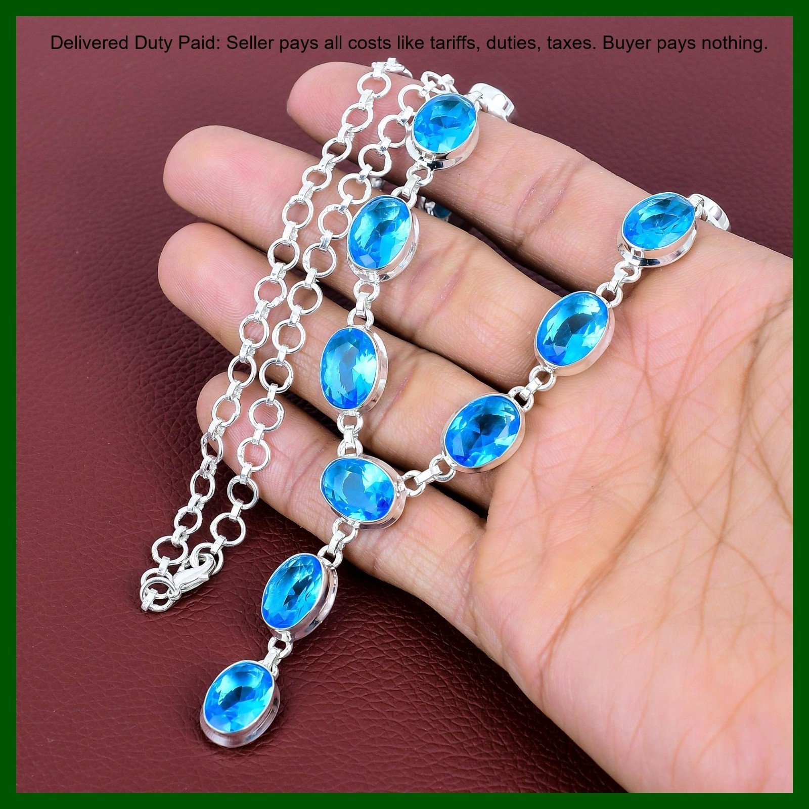 Valentines Sale 925 Silver Swiss Blue Topaz Stone Wedding Chain Trendy Necklace