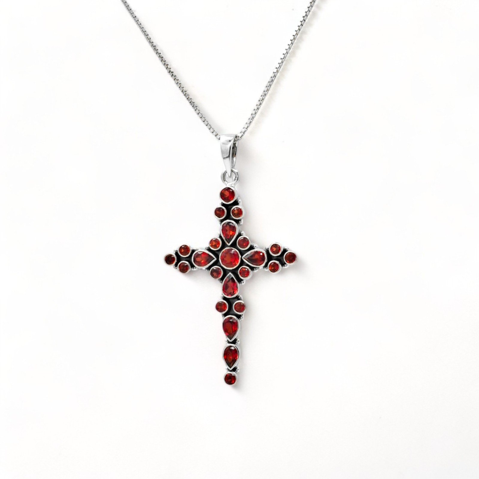 Natural Garnet Cross Pendant Sterling Silver 925 Christian Jewelry Gift
