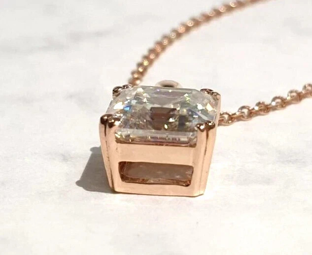 2Ct Asscher Cut Moissanite Solitaire Pendant Necklace 18″ 14K Rose Gold Plated