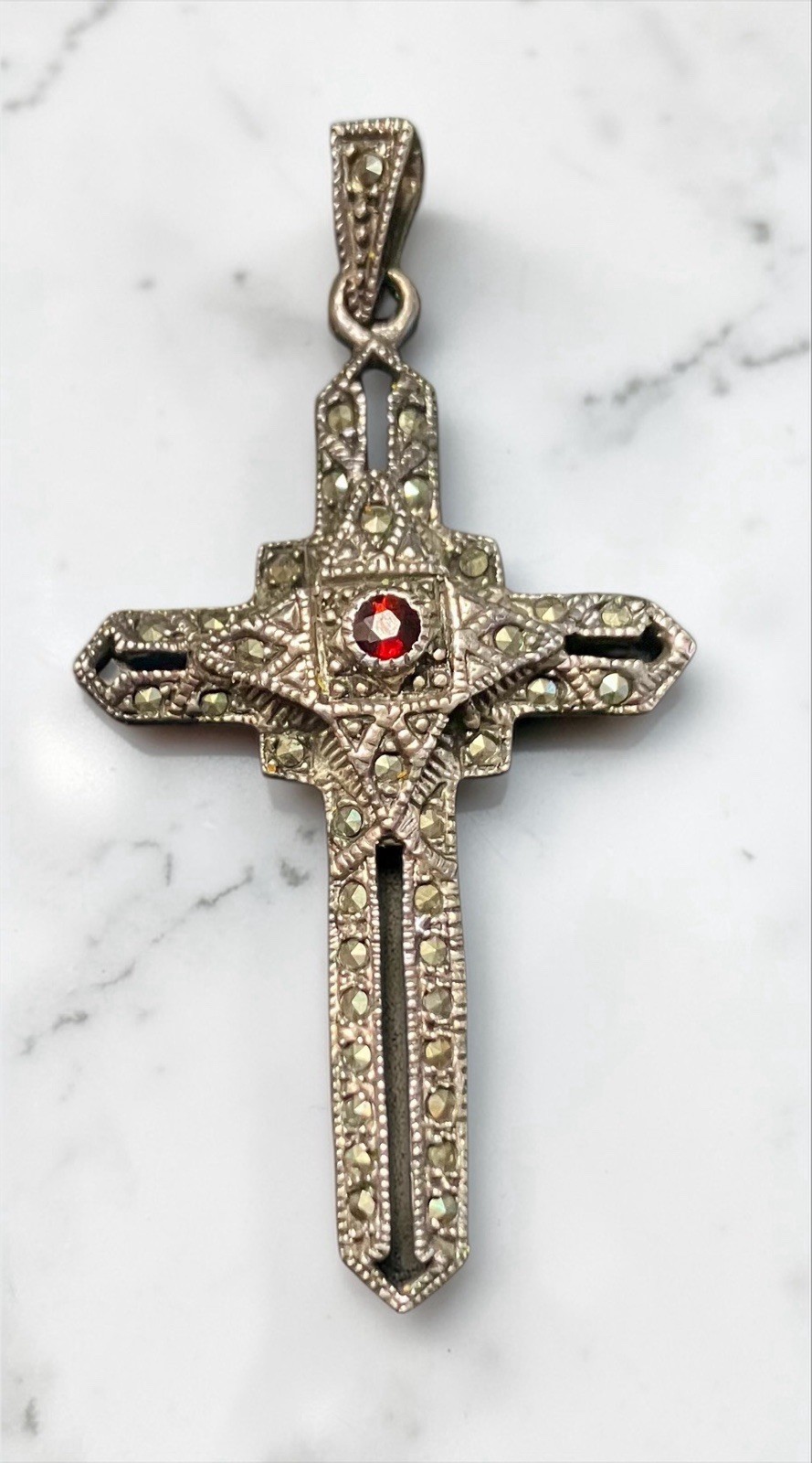 VTG Thai 925 Sterling Silver Red Stone MARCASITE Cross Pendant Gothic Art Deco