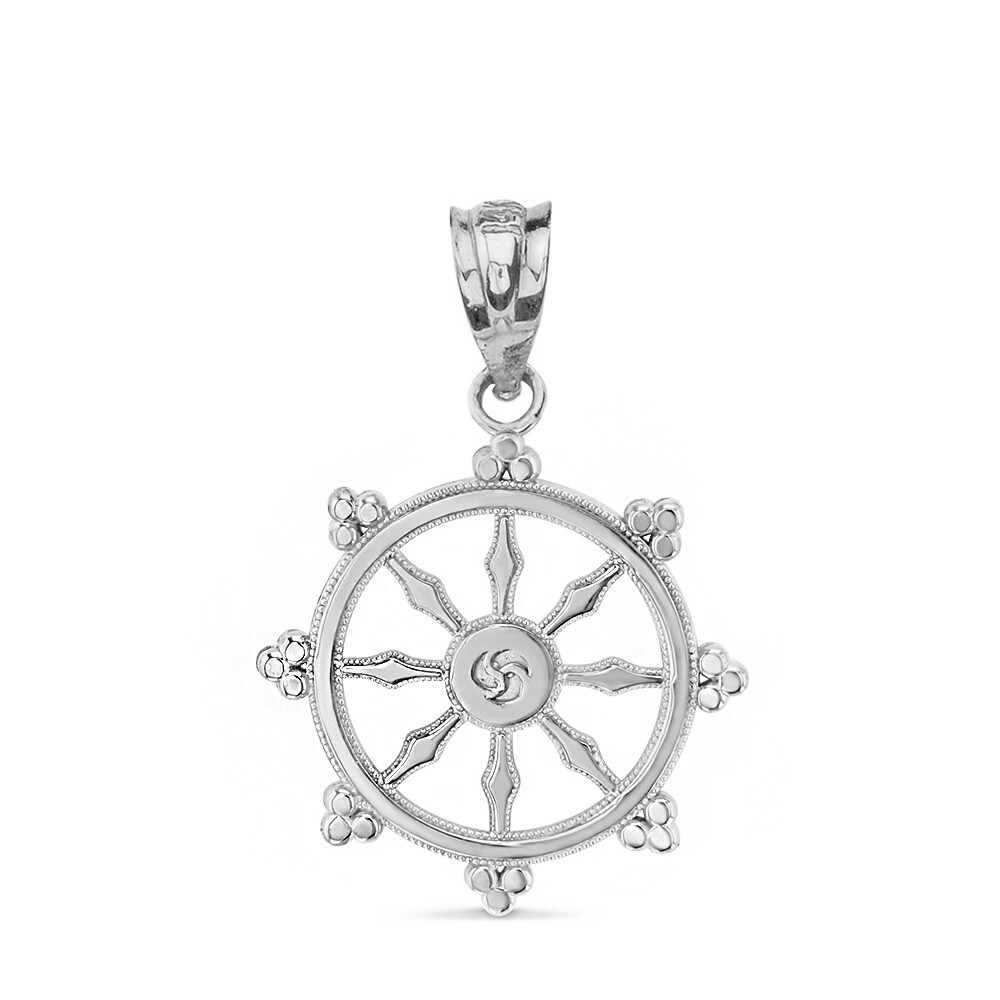 Gold Buddhism Dharmachakra Dharma Wheel Pendant Necklace (Yellow/Rose/White)