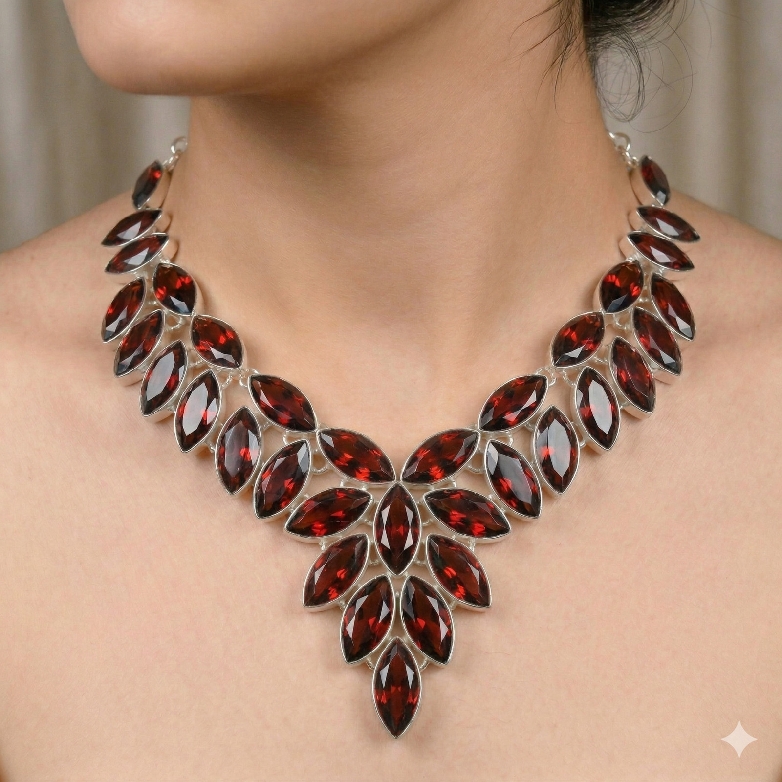Mozambique Red Garnet Gemstone Necklace 925 Sterling Silver Leaf Statement Bib