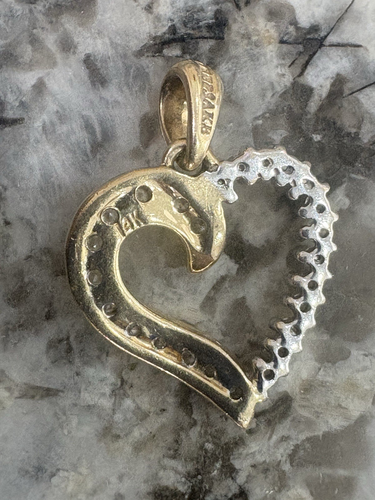 14k Yellow Gold Diamond Heart Charm Pendant Signed Round White/Colorless Stone