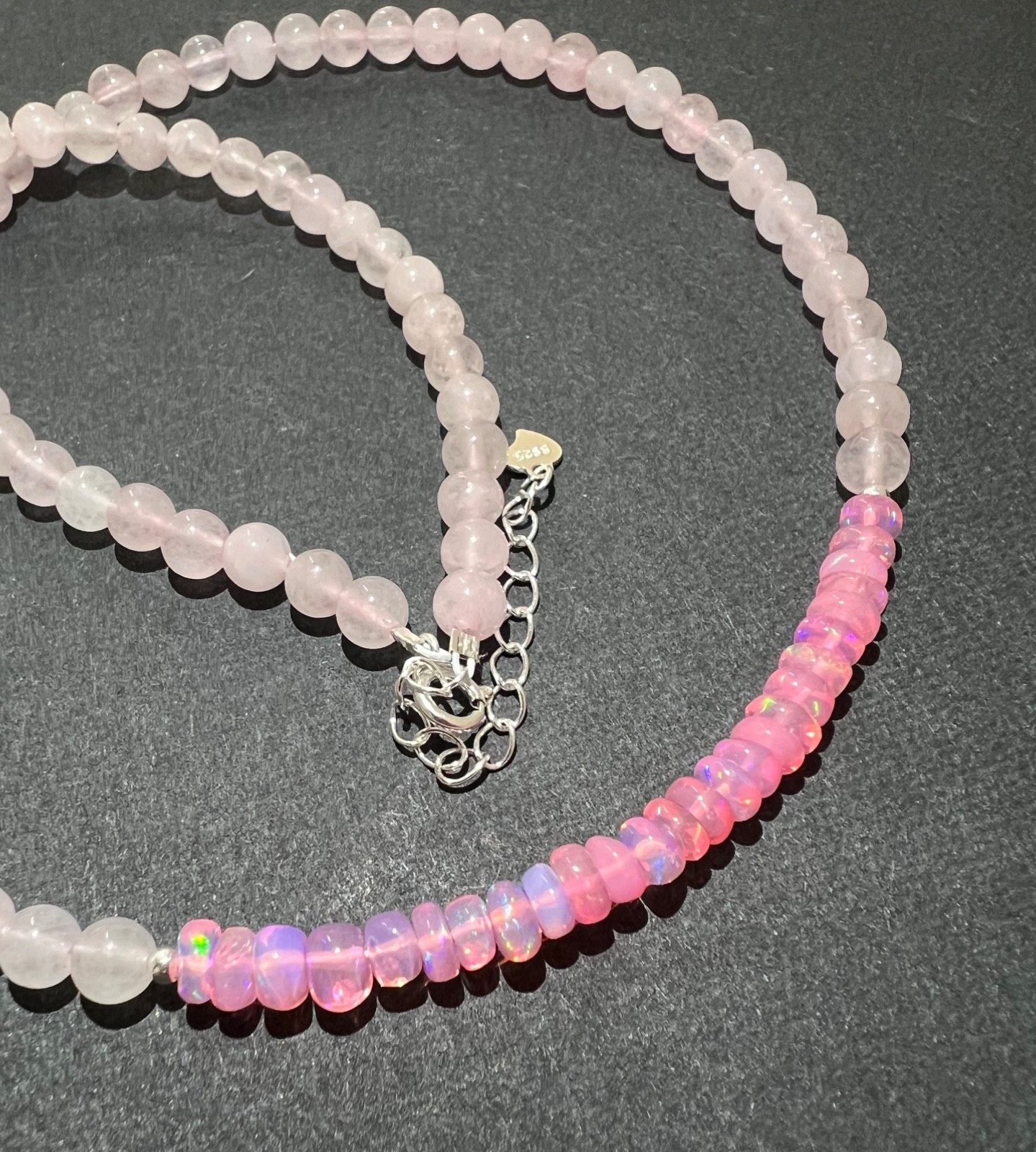 Rose Quartz & Pink Ethiopian Opal beads Choker Necklace in 925 Silver