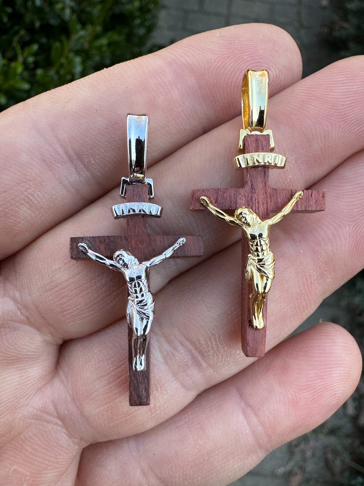 Mens Real 925 Silver Red Cherry Walnut Wood Jesus Cross Pendant Necklace 1.25″