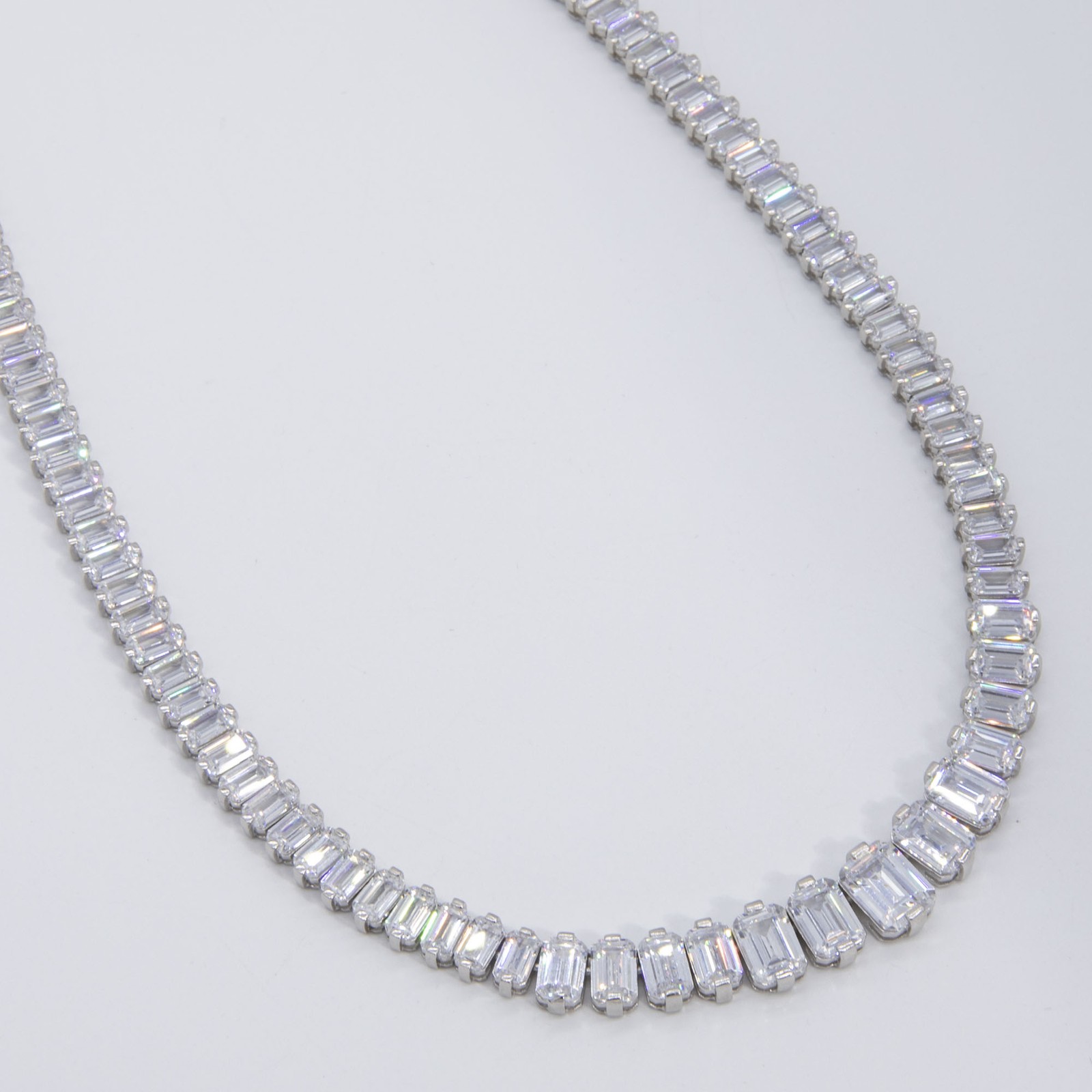 Graduated Baguette Tennis Chain Necklace Real Sterling Silver 925 16″ 18″
