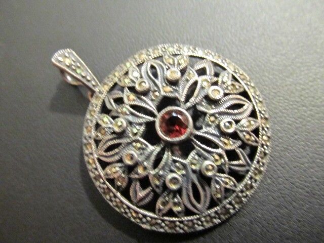 Judith Jack Sterling Silver Round Marcasite & Ruby Stone Center Pendant