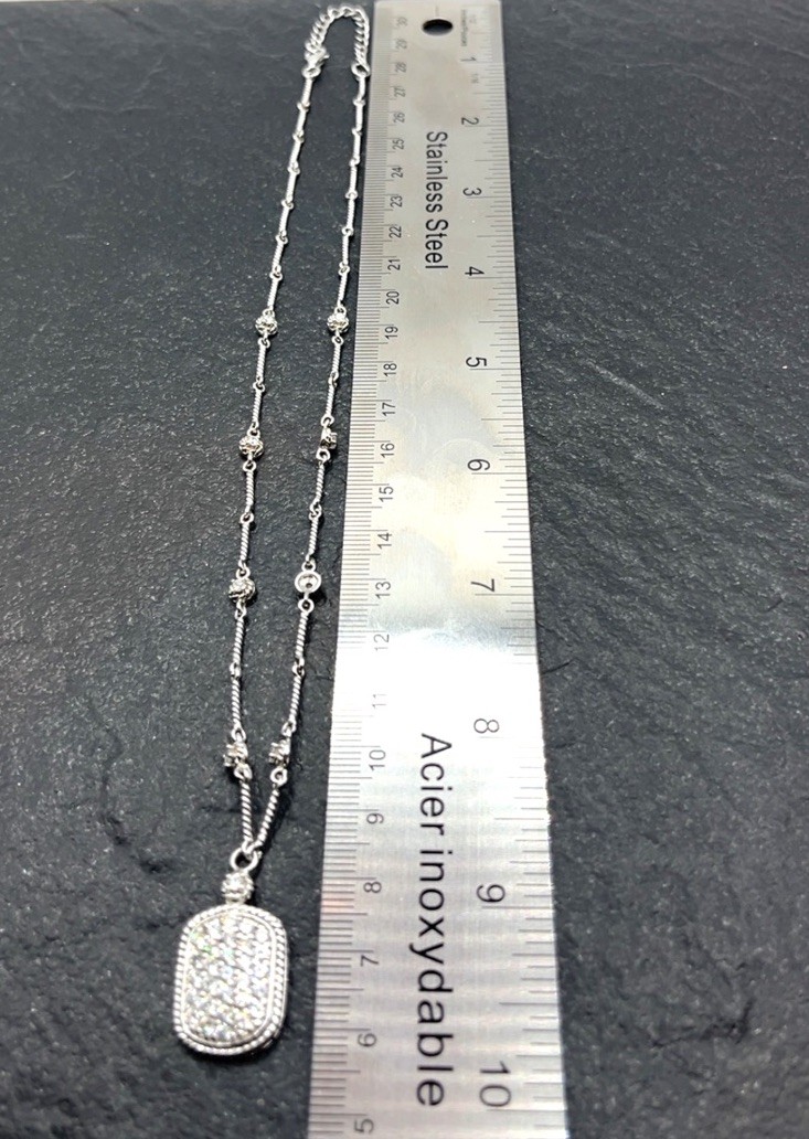 ADI Sterling Silver CZ Dog Tag Pendant with Twisted Bar Link Station 18” L Chain