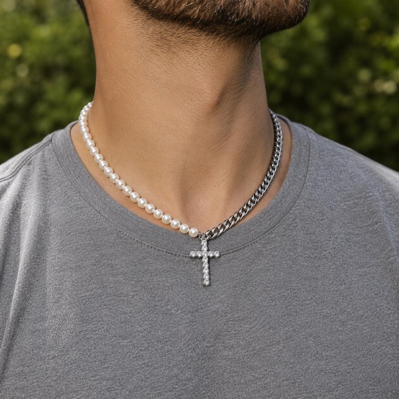 Pearl Cross Necklace for Men Women 925 Sterling Silver Cuban Link Chain Beaded