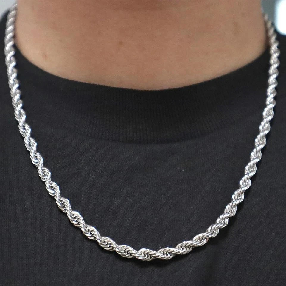 4mm Diamond Cut Solid 925 Sterling Silver Italian Rope Chain Men’s Necklace