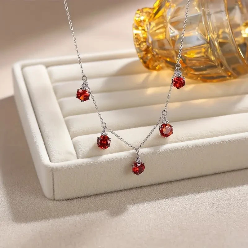 3.00Ct Lab Created Garnet Women’s Drop Station Necklace In 14K White Gold Plated