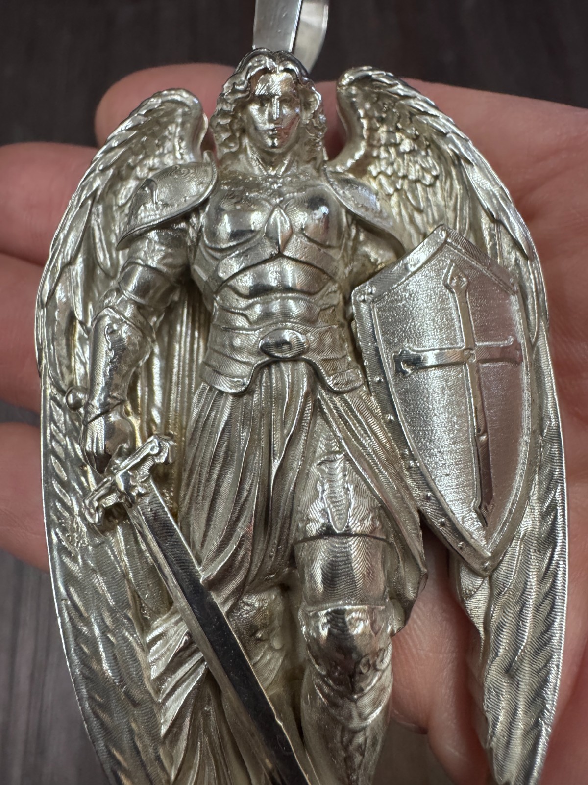 Saint Michael Warrior Angel 4″ Large Heavy Charm Pendant 108.5gm Silver .925