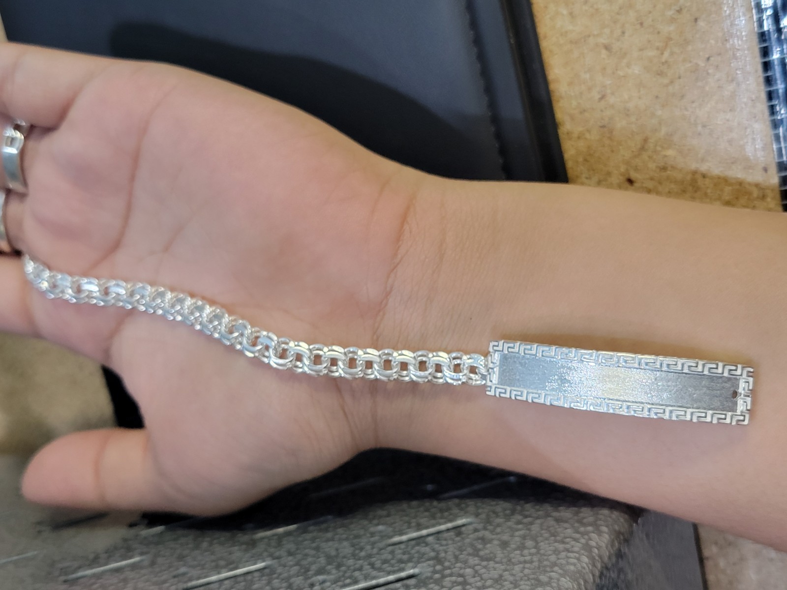925 sterling silver Chino Link Greek Key Long Lock Bracelet 21g 7″ 6mm