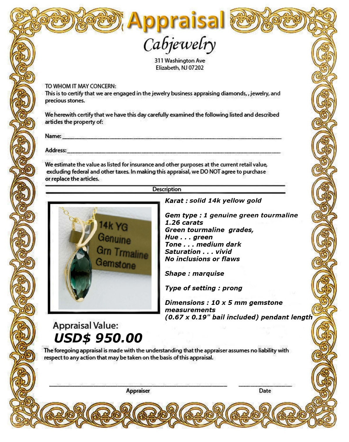 GENUINE 1.26 Cts GREEN TOURMALINE PENDANT 14k YELLOW GOLD – Free Appraisal