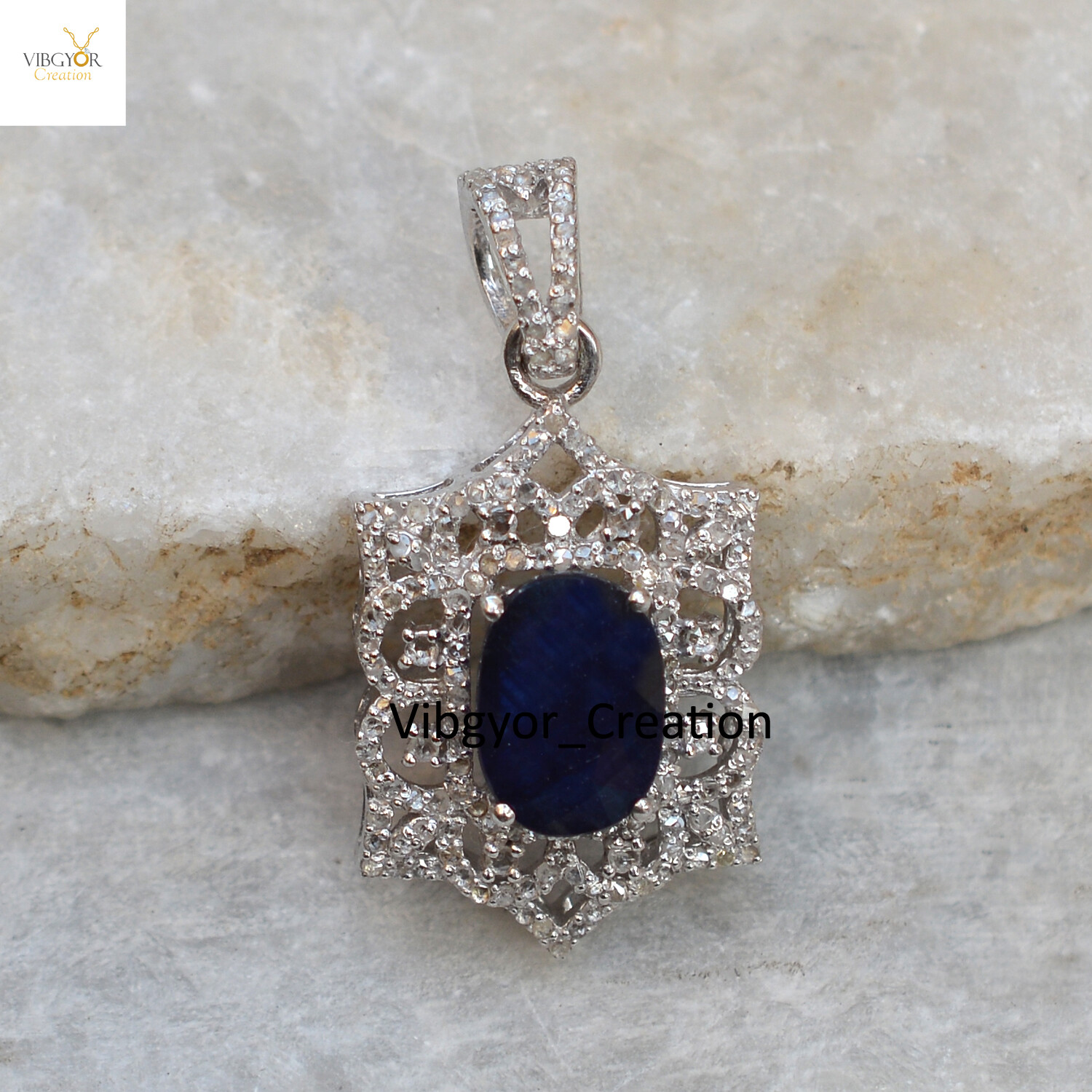 Pave Diamond Pendant Sapphire Gemstone 925 Sterling Silver Birthday Jewelry