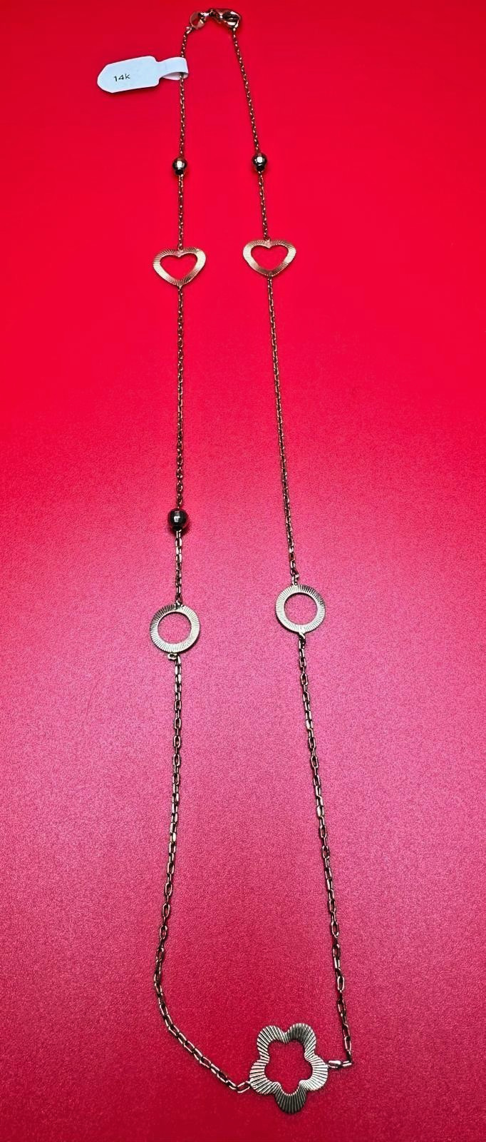 14K Oval Link Chain With Heart-Flower-Circle Charms