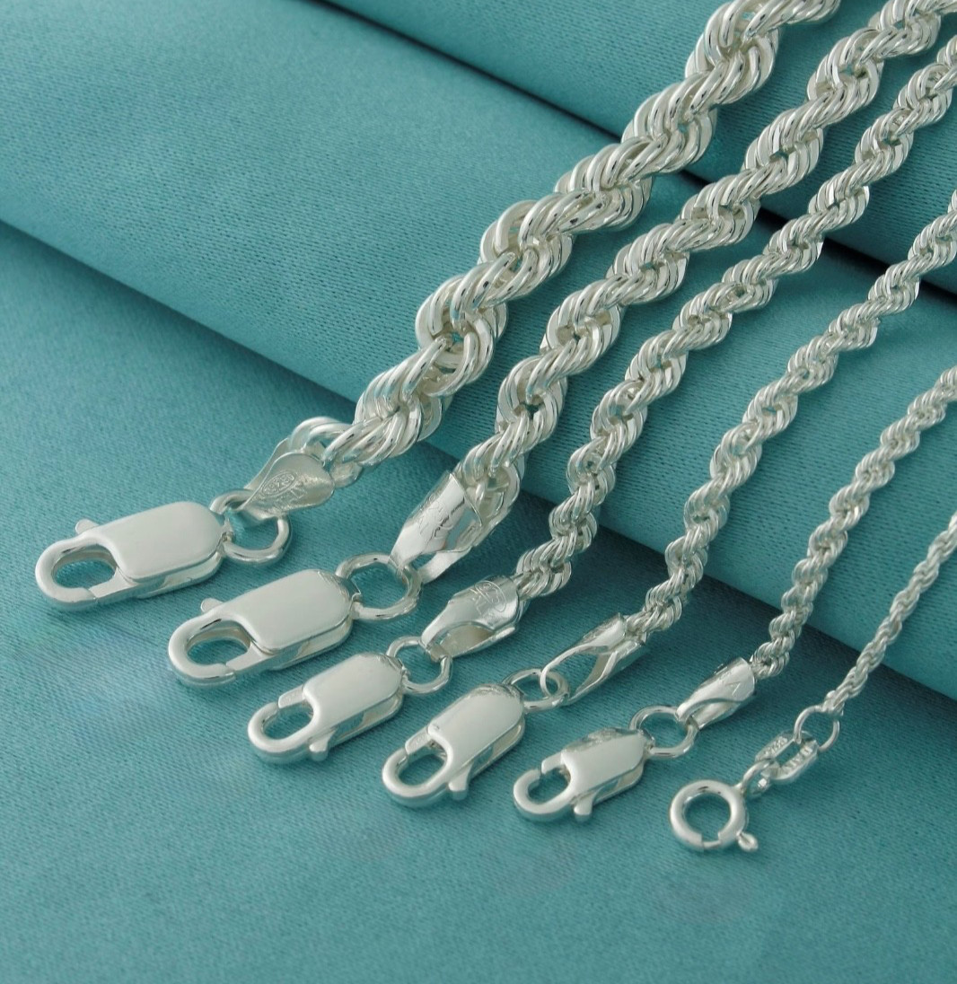 Italian Solid 925 Sterling Silver Rope Chain Link Necklace Silver Mens Womens