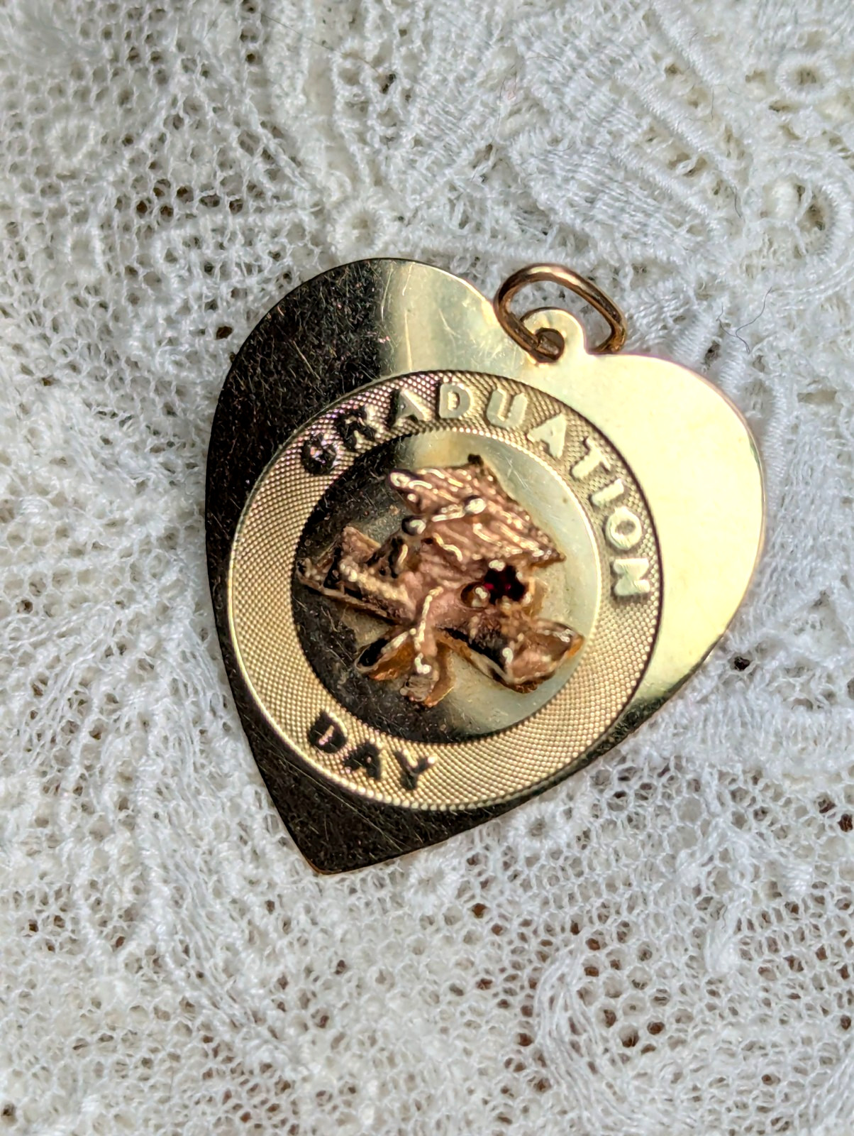 Vintage 14K Heart GRADUATION DAY Pendant Charm Cap and Diploma Red Stone