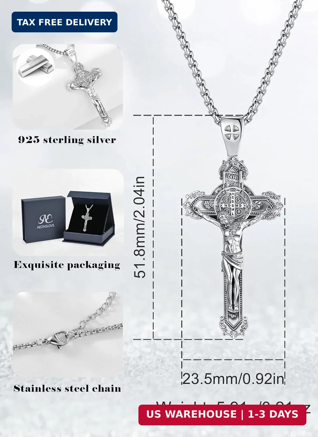 925 Sterling Silver Saint Benedict St Michael Caravaca Cross Necklace