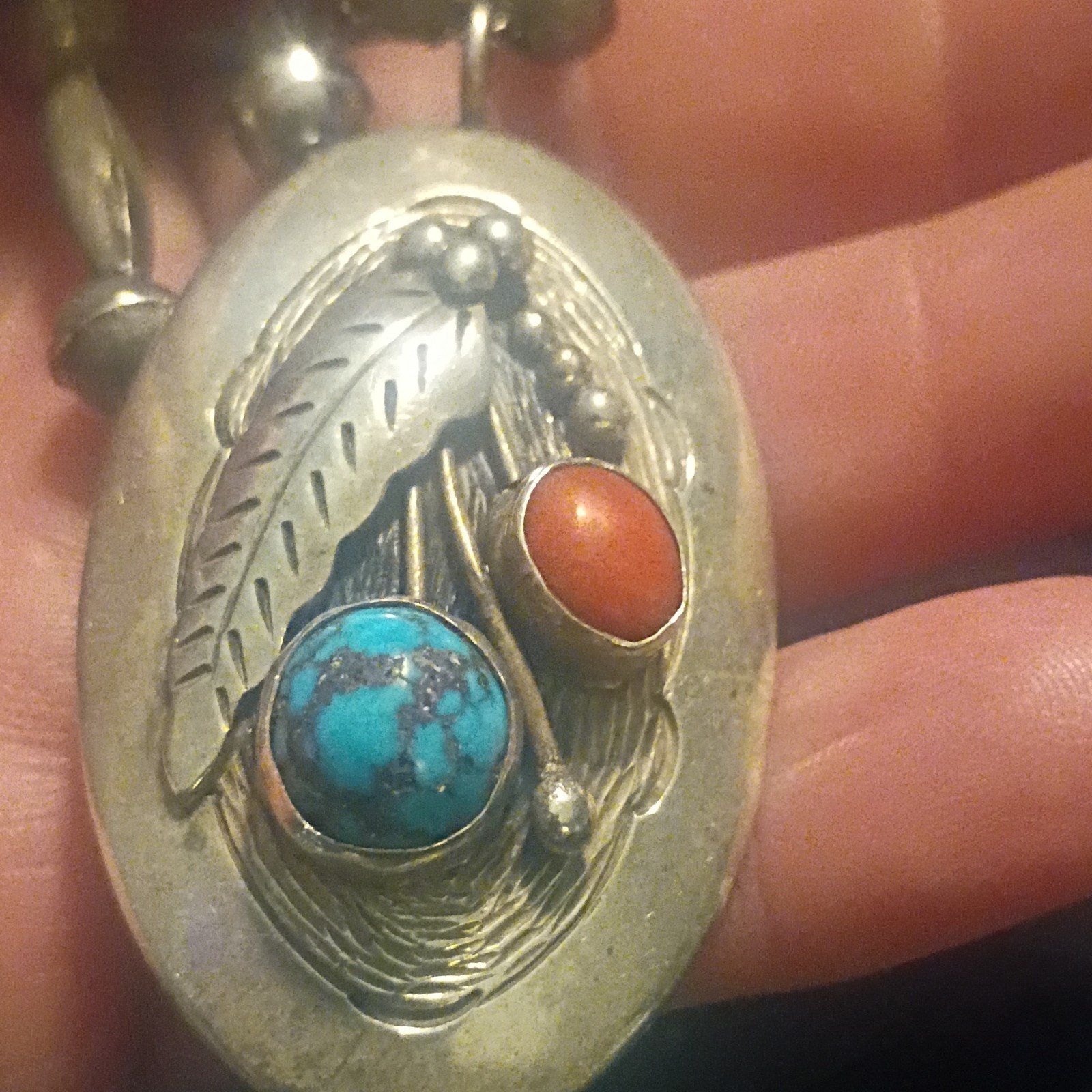 925 Fine Silver Beaded Bolo Necklace Oval Pendant Charm Turquoise & Coral