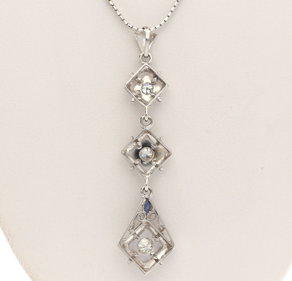Natural Diamond Sapphire 18K Lavalier Pendant Necklace .35CT 14K WG 16”Chain