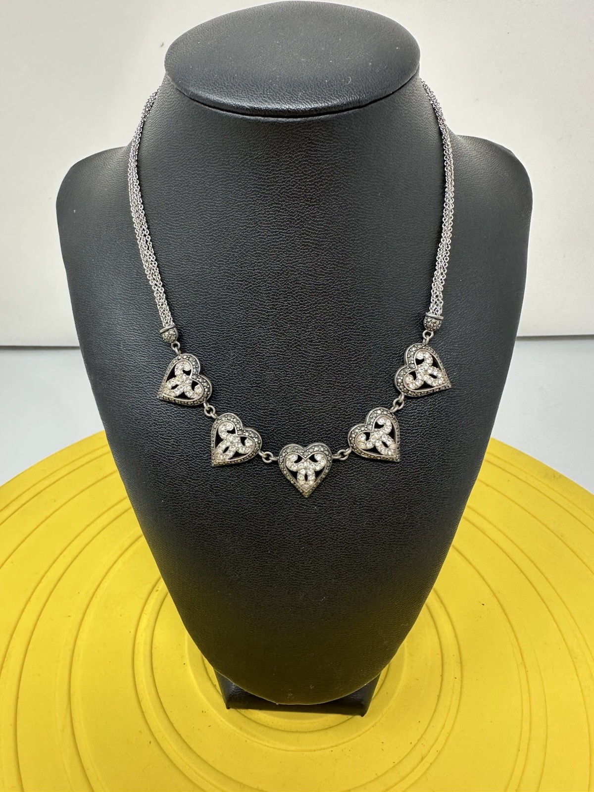 Sterling Silver Ross Simons 5 Heart Pendant Marcasite CZ Choker Necklace 18g 15”