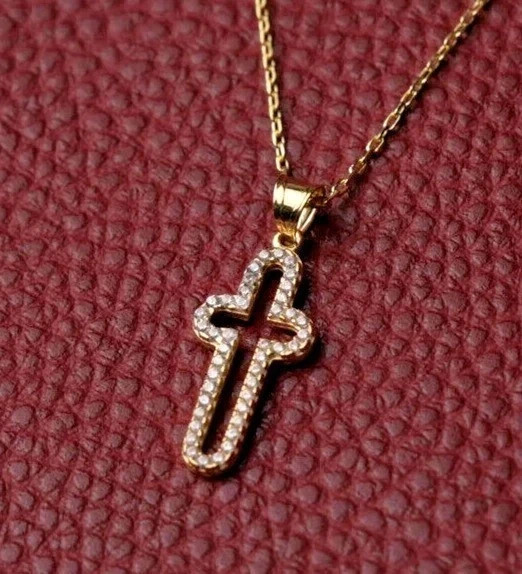 1Ct Round Cut Real Moissanite Women’s Cross Pendant 14K Yellow Gold Plated 18″