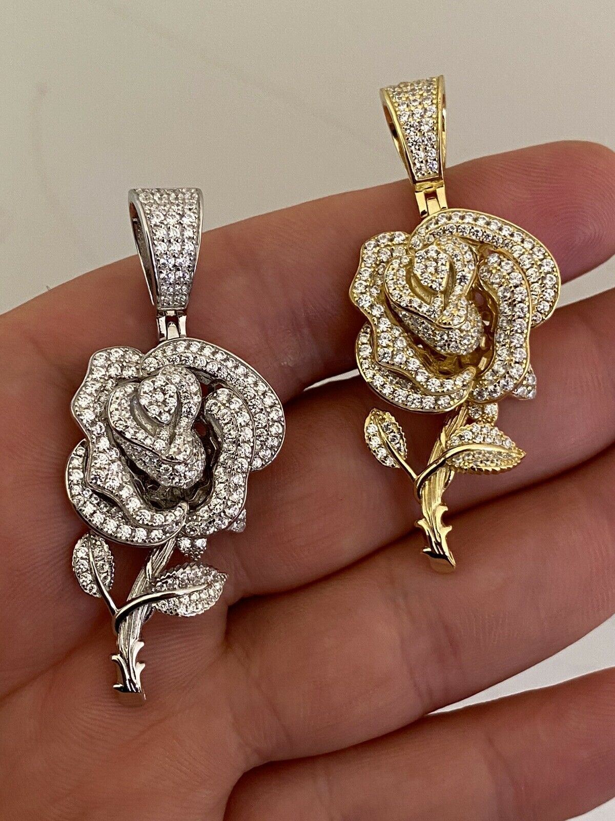 Real MOISSANITE 925 Silver Rose Flower Pendant Necklace 14k Gold Plated Iced
